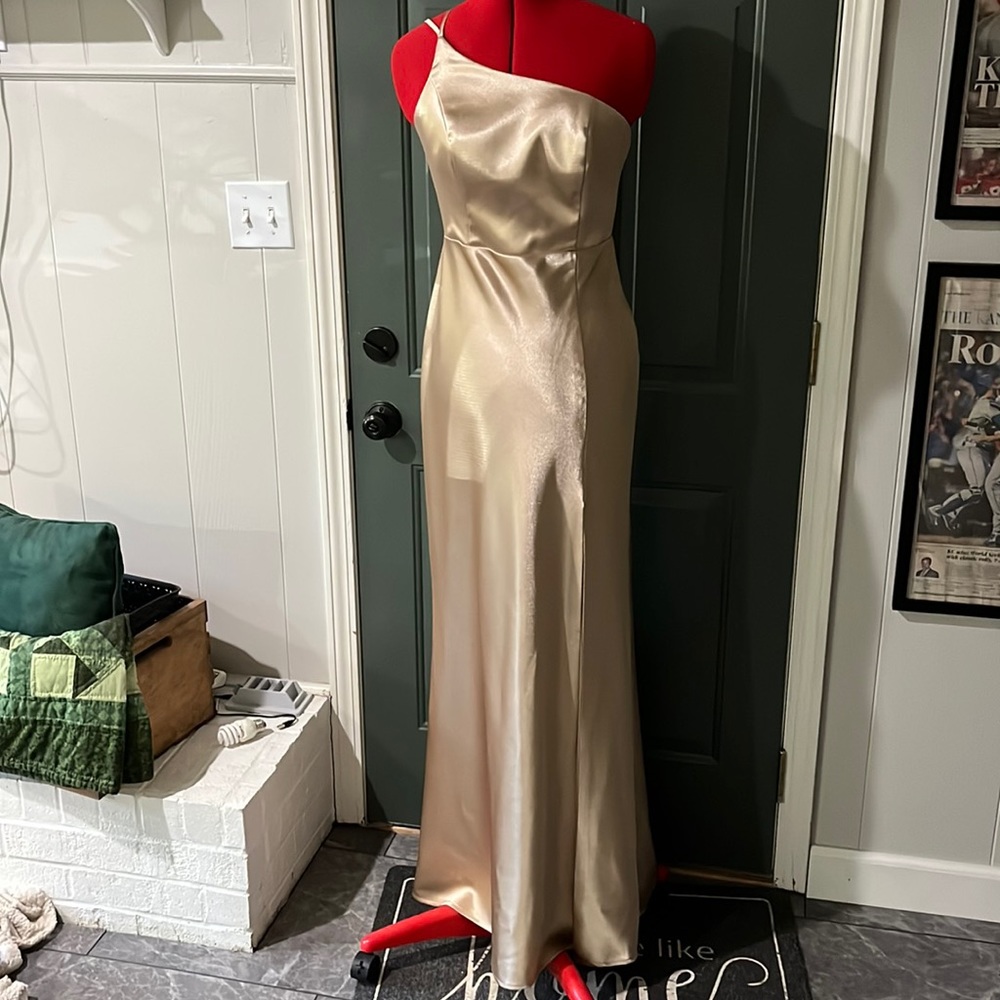 Birdy Grey gold Satin bridesmaid dress one shoulder